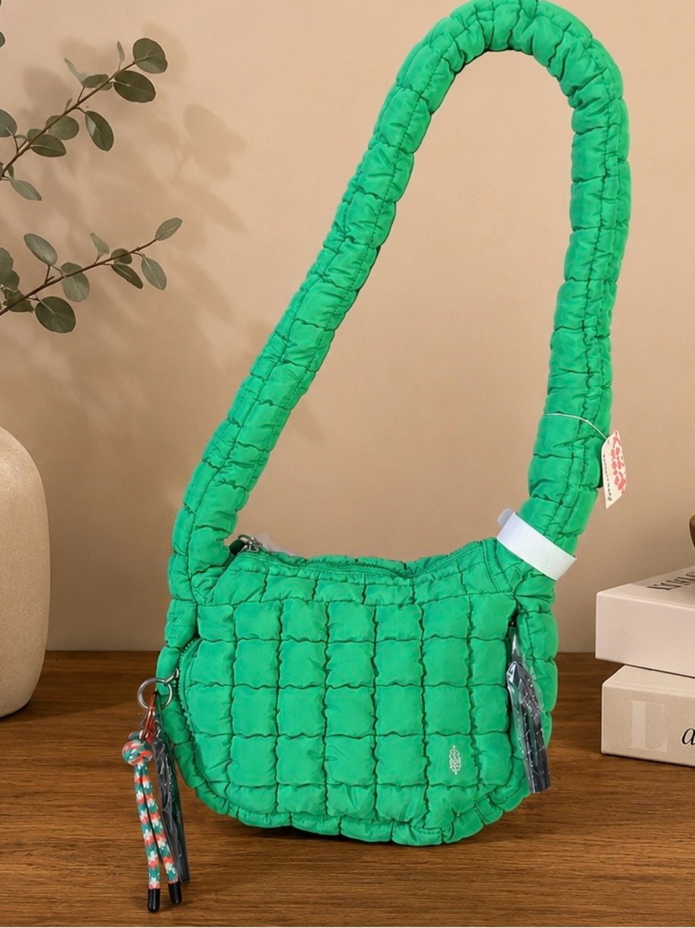 Free People Movement Green Quilted Sling, Shoulder bag w/FP Keyring